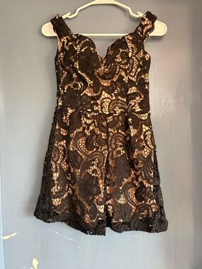 Lucy Wang Romper with Black Lace Overlay and Nude Lining